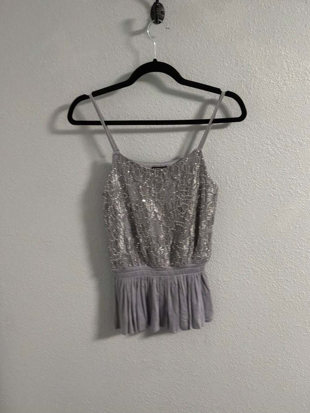 Express Lace & Sequins Top Size XS Elastic Bottom Ruffle Gray